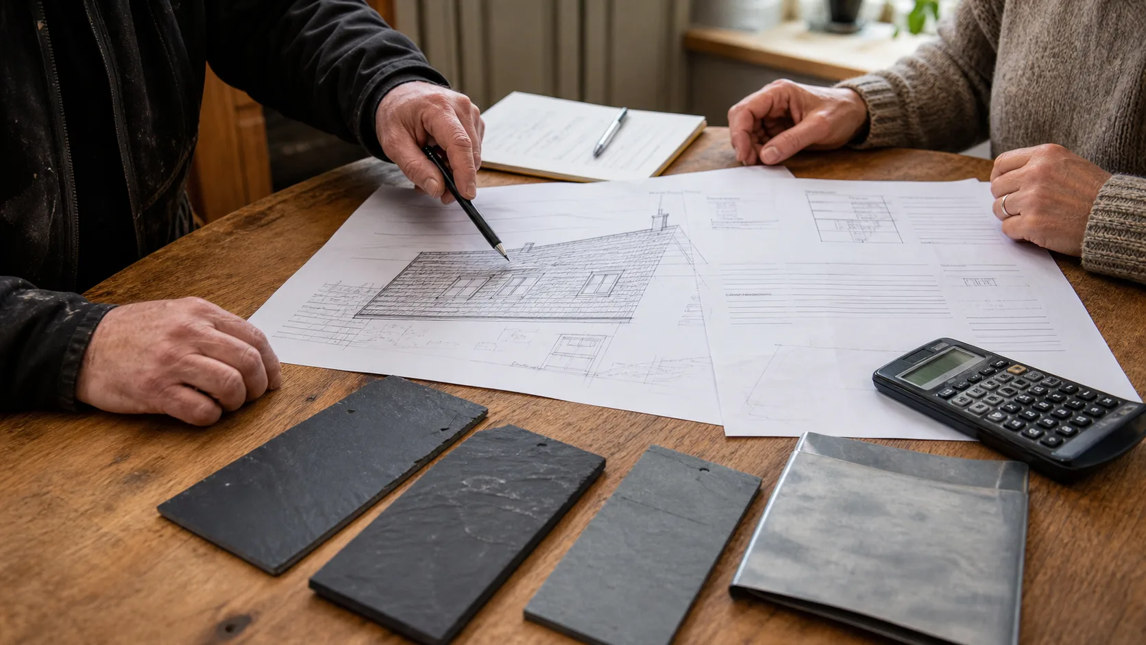 Roofing plans and slate and flashing samples being reviewed at a table