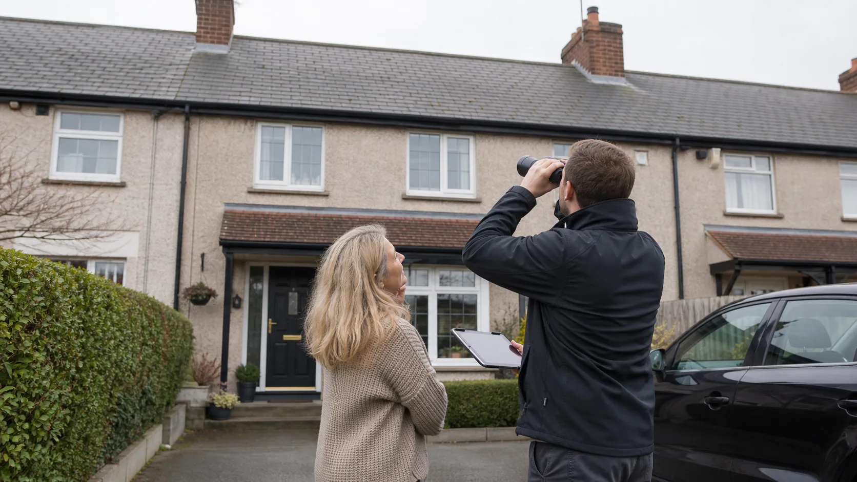 A roofer and homeowner assessing a terraced house roof safely from ground level