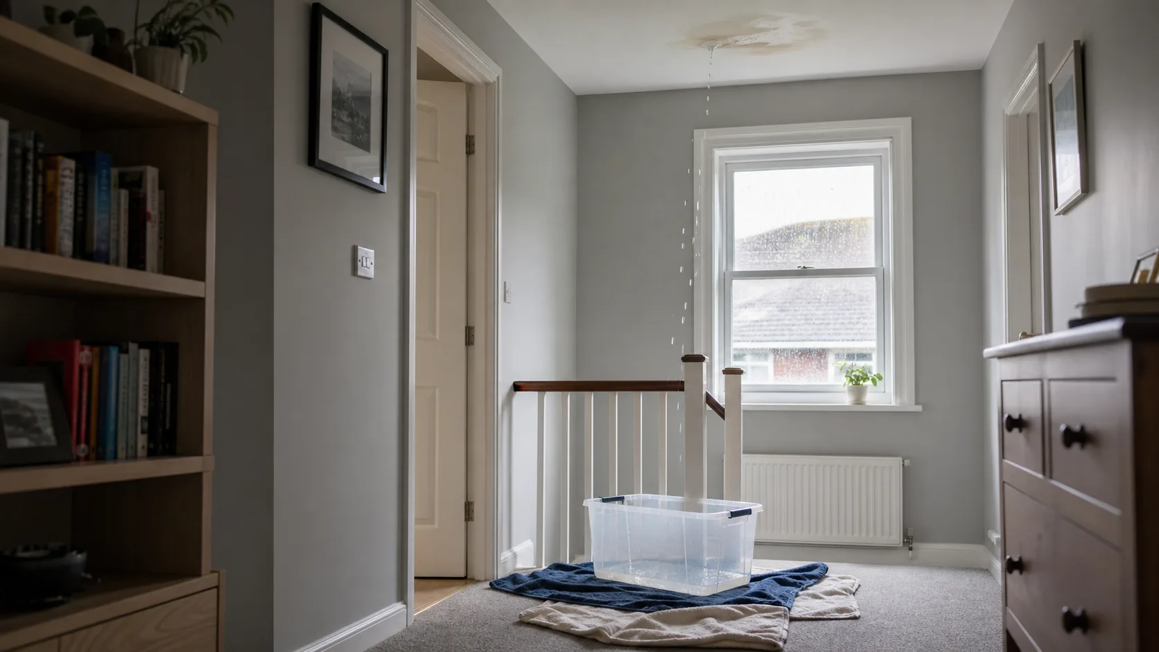 A ceiling leak safely contained with a wide container and towels on an upstairs landing