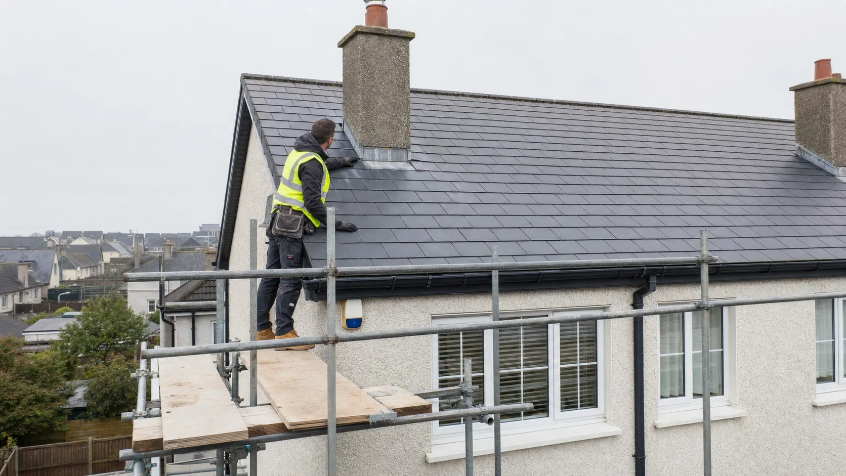 A roofer safely inspecting chimney flashing from a scaffold at an Irish slate-roofed house