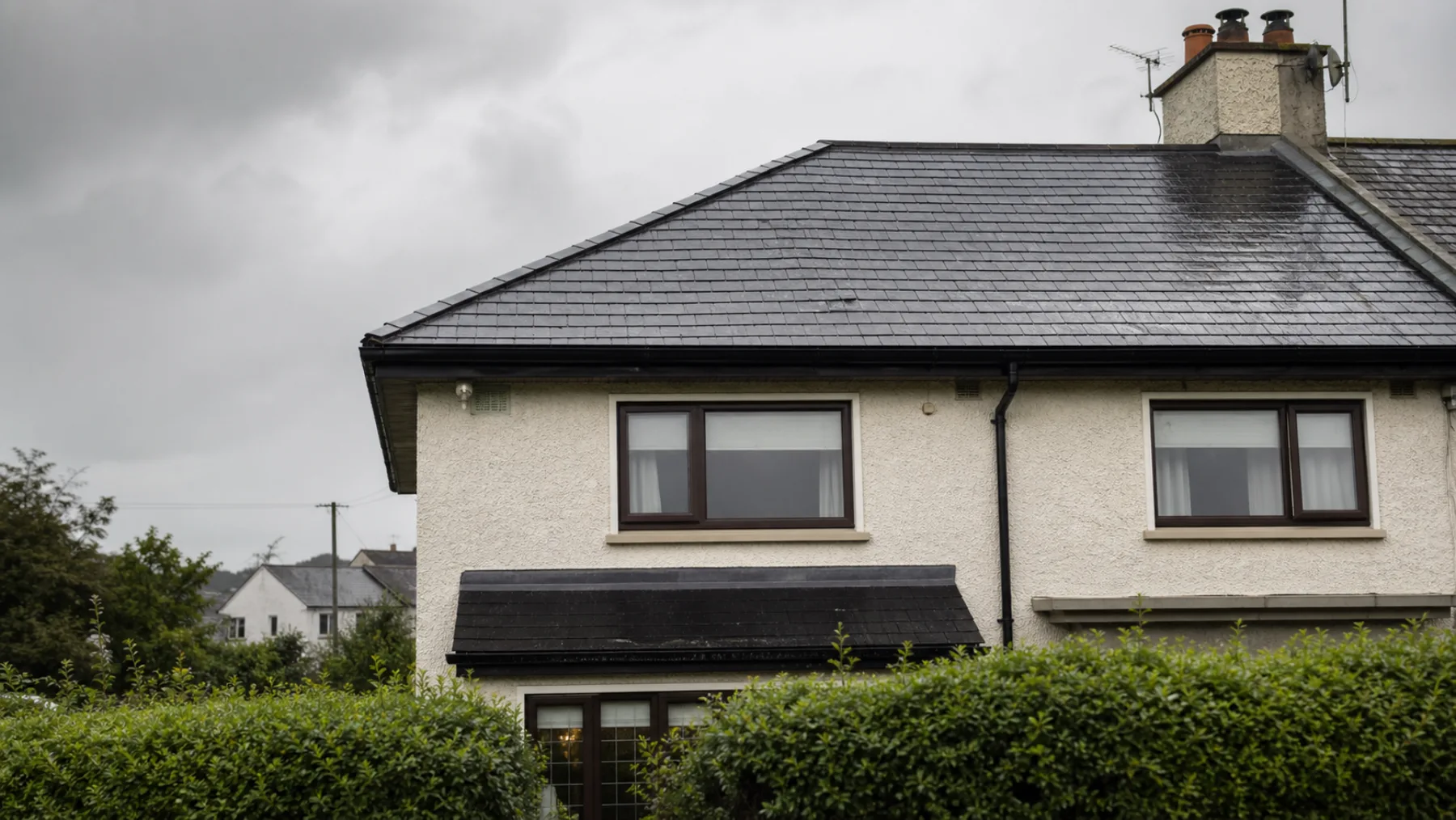 Rain-darkened slate roof on an Irish home